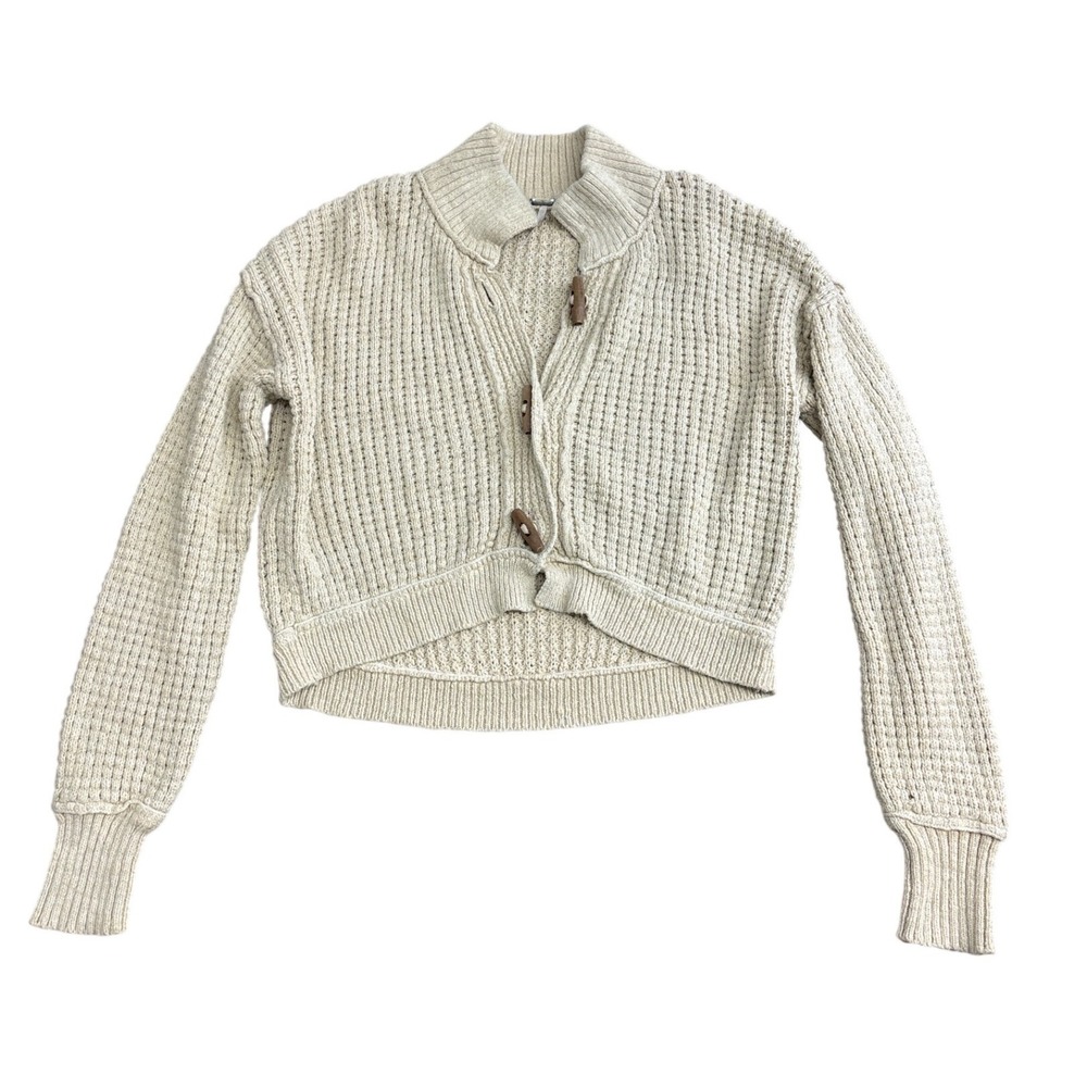 Free People Cream Waffle Knit Cropped Toggle Cardigan Sweater Small OB1515486